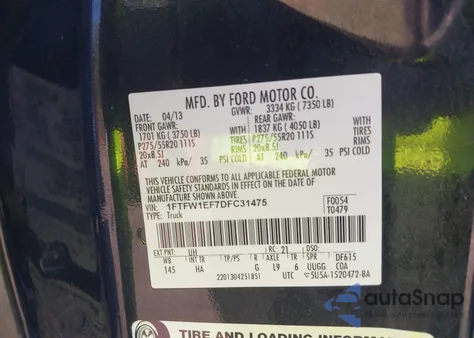 2013 Ford F-150 Lariat z USA, uszkodzony, nr VIN 1FTFW1EF7DFC31475